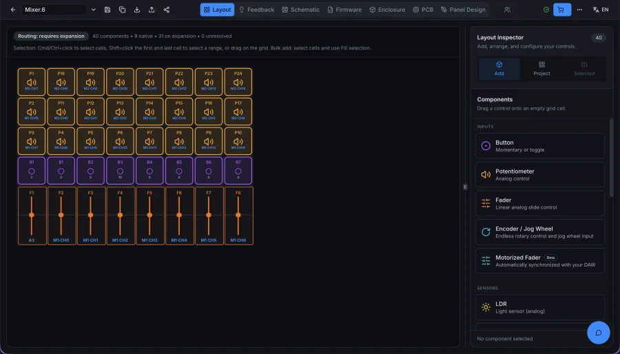 Layout tab with a MIDI controller layout and component palette