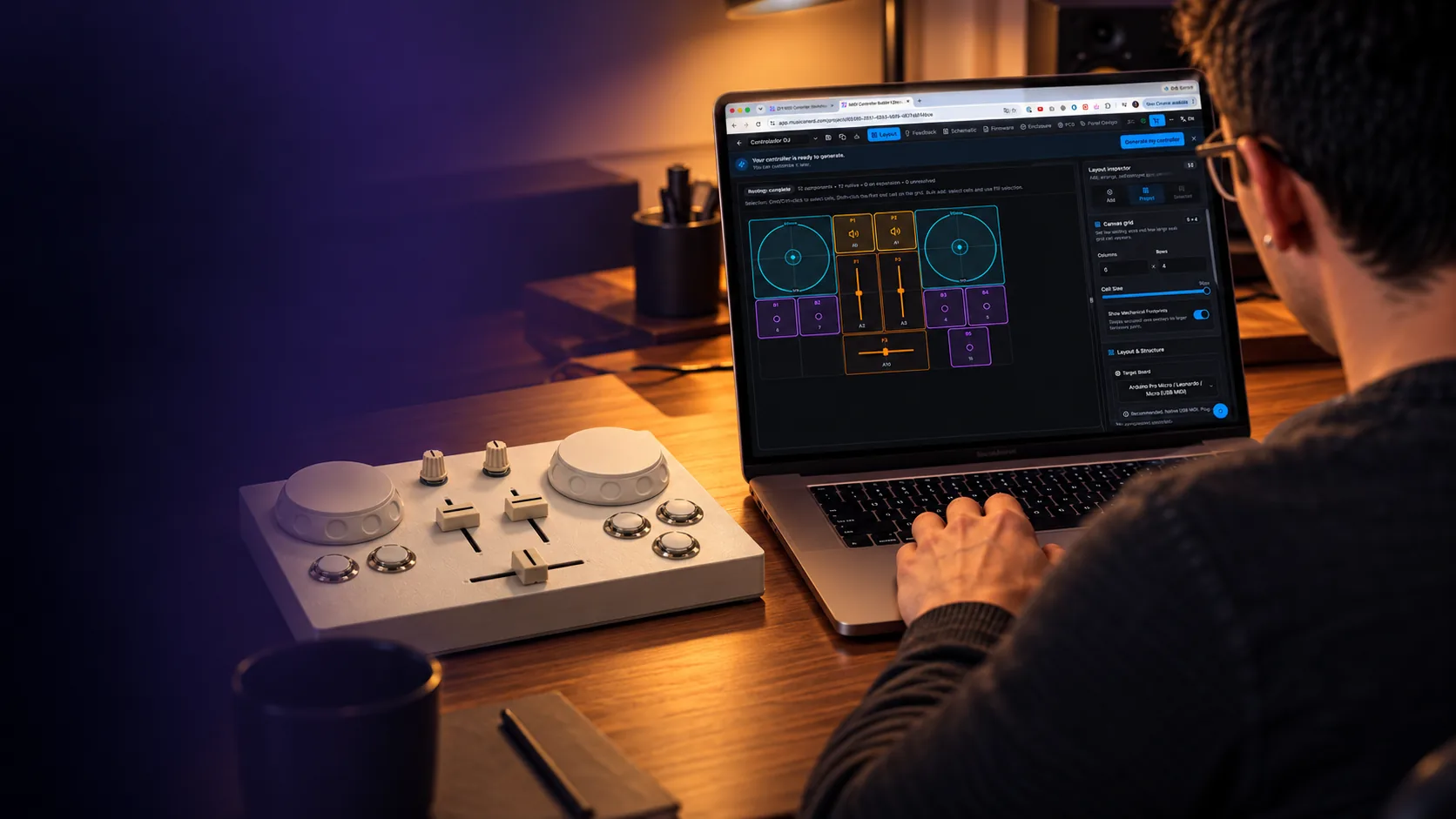A MIDI controller beside a laptop running the Builder in a music studio