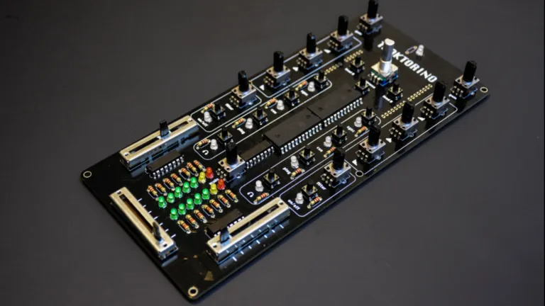 Traktorino printed circuit board with knobs, faders and LEDs