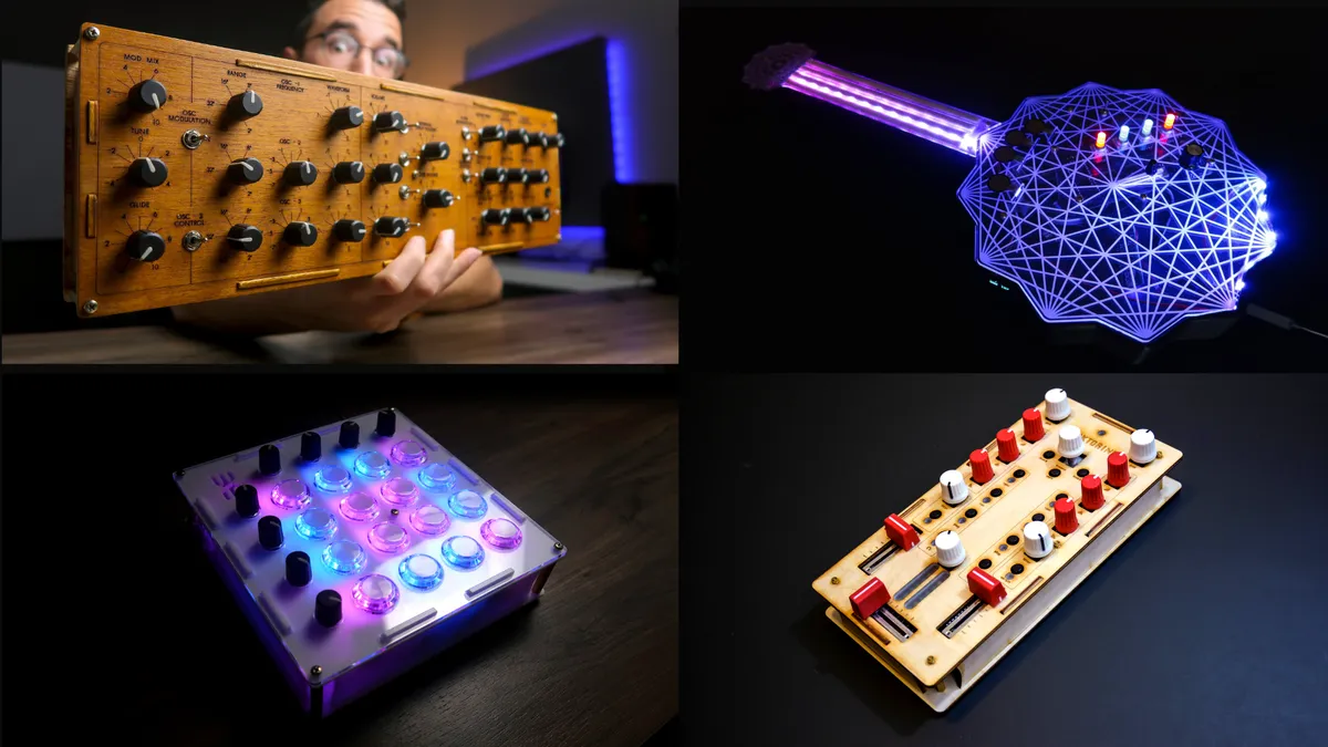 Four custom musical instruments and MIDI controllers built by Gustavo